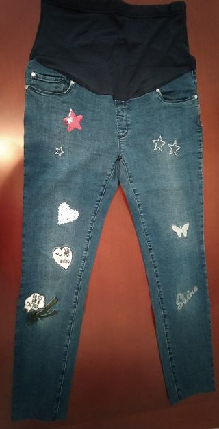 Pantalón vaquero premamá L bordados y lentejuelas