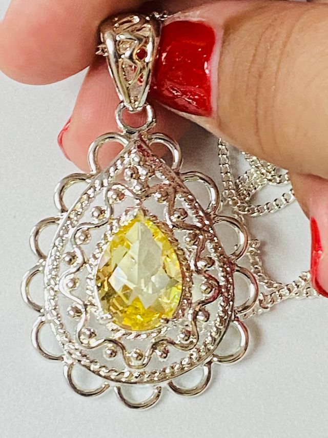 Colgante cuarzo limon y cadena chapado plata ley