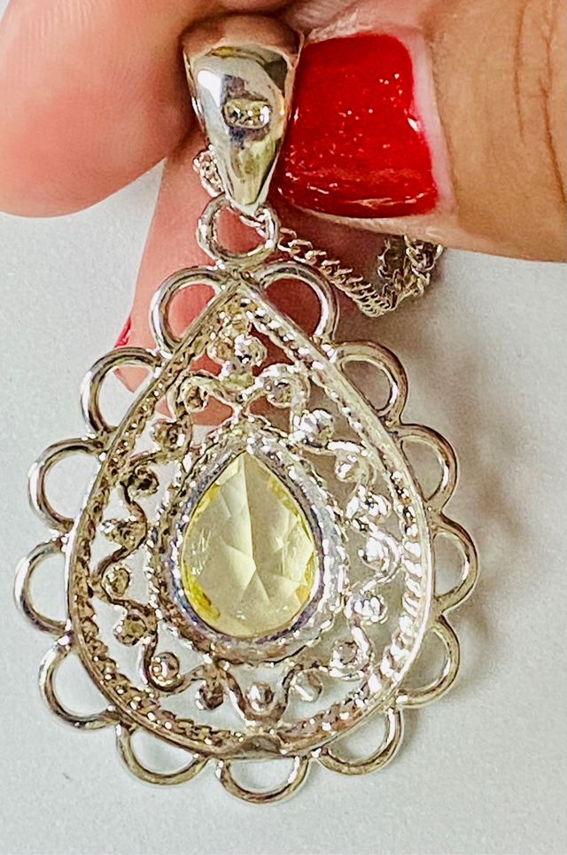 Colgante cuarzo limon y cadena chapado plata ley