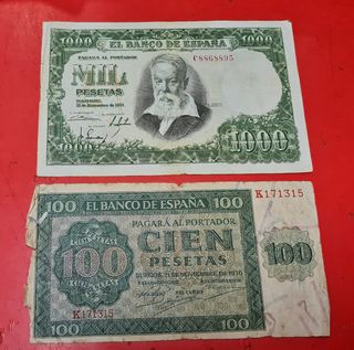 2 billetes España 100 y 1000 pesetas