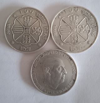 3 MONEDAS DE 100 PTAS AÑO 1966 (plata)