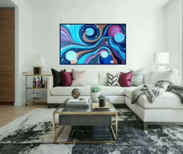 Cuadro abstracto con esferas y ondas