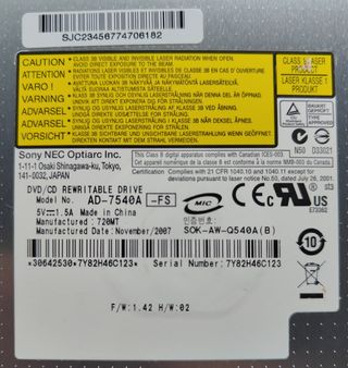 Grabadora DVD Sony NEC AD-7540A negra pc portátil