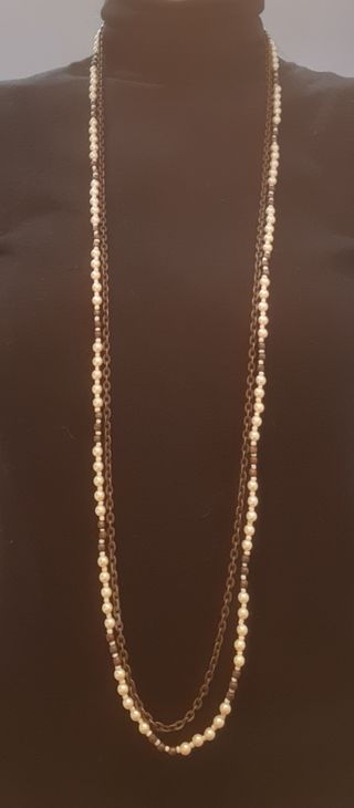 Collar largo doble perlas/metal