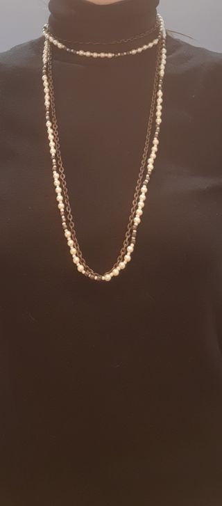 Collar largo doble perlas/metal