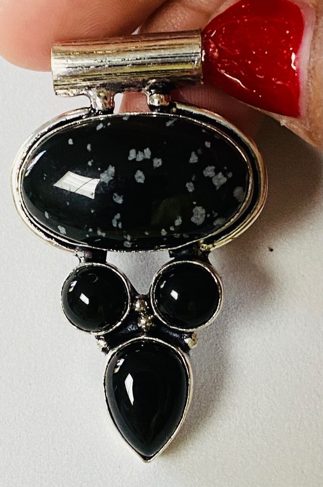 Colgante de obsidiana nieve + cadena plata ley 925