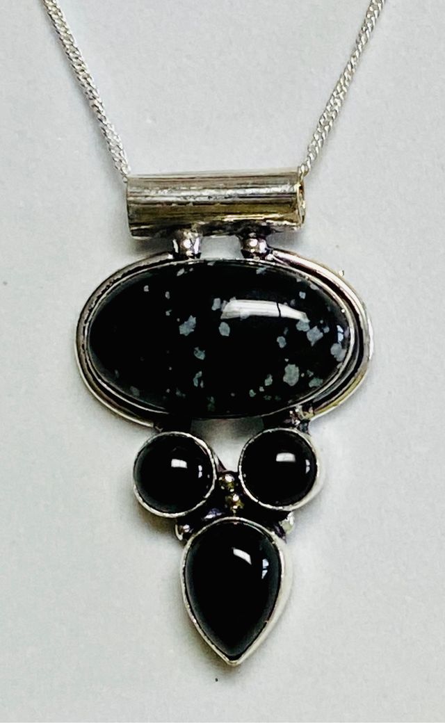 Colgante de obsidiana nieve + cadena plata ley 925