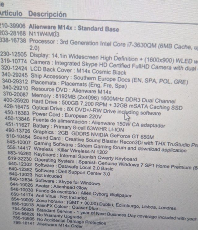 Ordenador Portátil Gaming Dell Alienware M14x R2