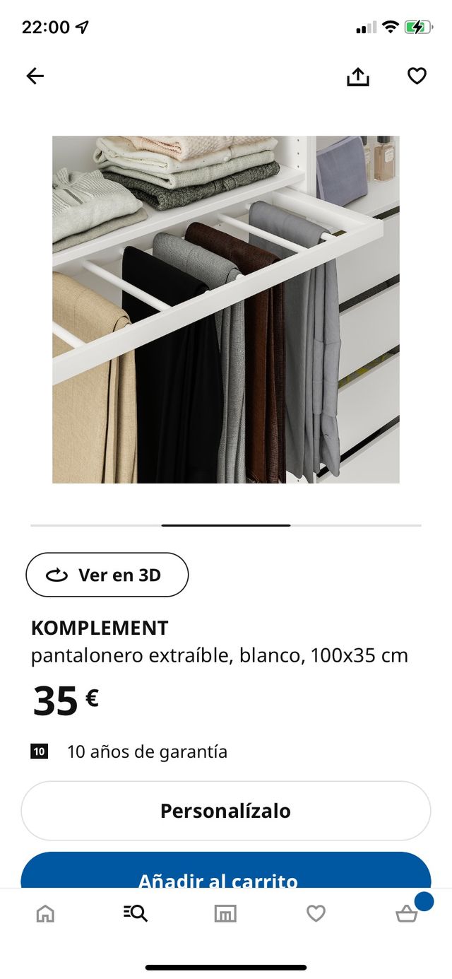 Pantalonero y barra Komplement Ikea 35 cms profund