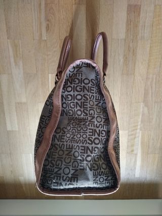 Bolso lona y cuero marrón