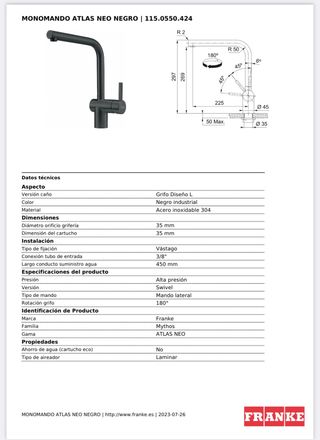 Grifo fregadero cocina marca Franke color negro