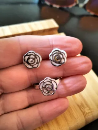Juego pendientes y anillo plata "Rosa de abril"