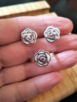 Juego pendientes y anillo plata "Rosa de abril"