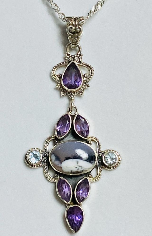 Colgante amatistas y agata y cadena plata ley 925