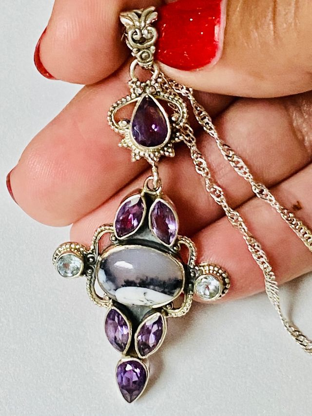 Colgante amatistas y agata y cadena plata ley 925