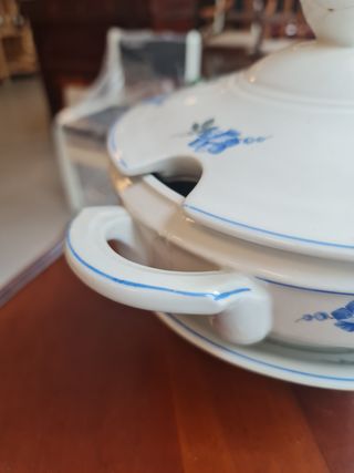 Sopera azules y blanco con plato de presentacion