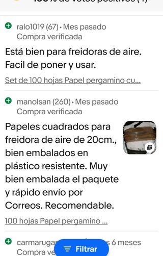 100 hojas Papel Freidora AirFryer