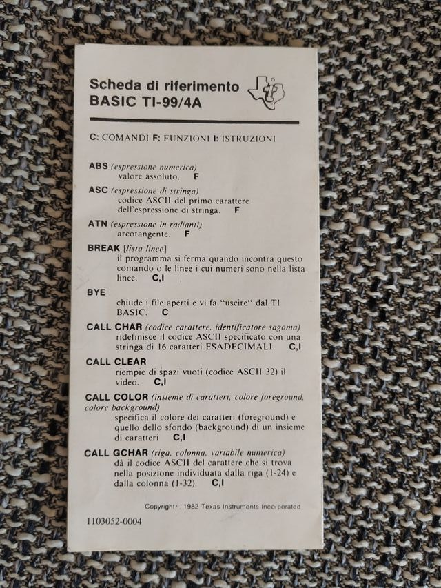 Scheda Riferimento Basic TI-99/4A
