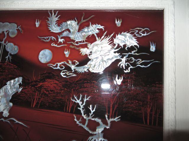 Cuadro panel oriental tigre dragón madera nácar