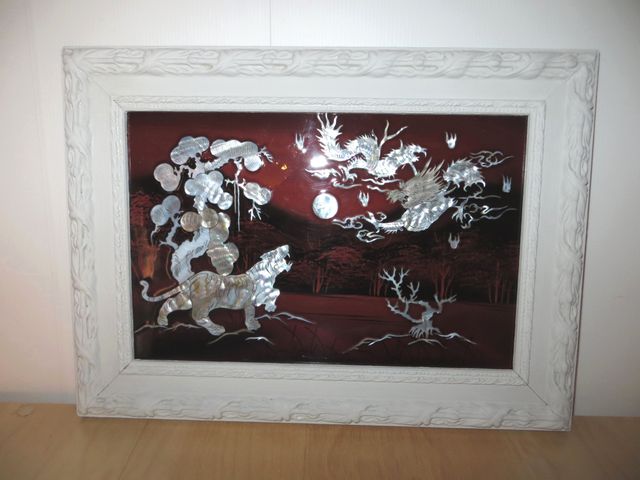 Cuadro panel oriental tigre dragón madera nácar