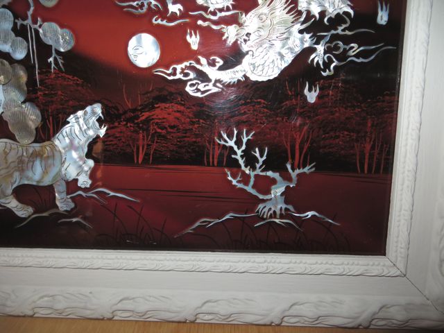 Cuadro panel oriental tigre dragón madera nácar