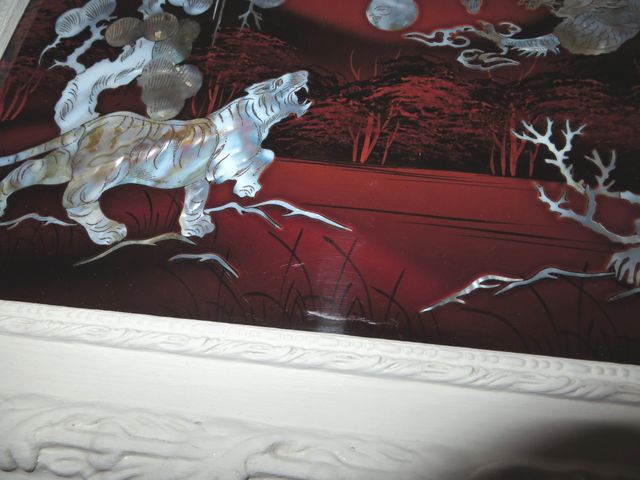 Cuadro panel oriental tigre dragón madera nácar