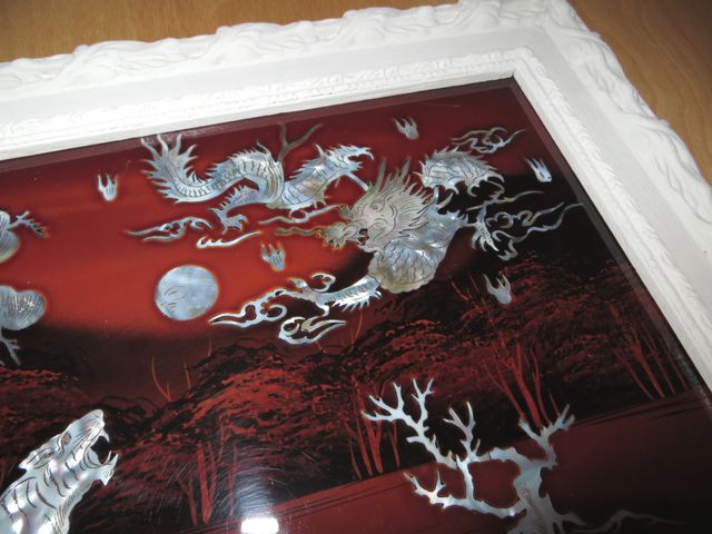 Cuadro panel oriental tigre dragón madera nácar