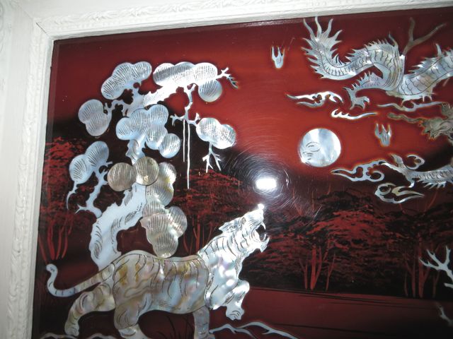 Cuadro panel oriental tigre dragón madera nácar