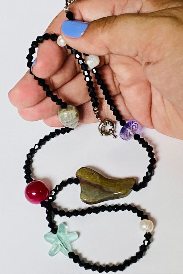 Collar espinelas negras y gemas y plata de ley 925