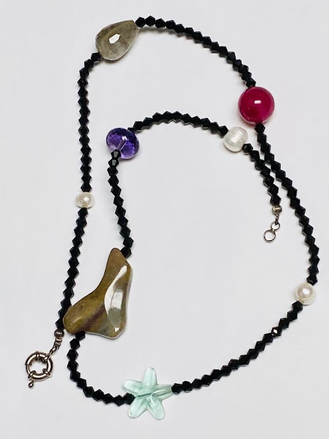 Collar espinelas negras y gemas y plata de ley 925