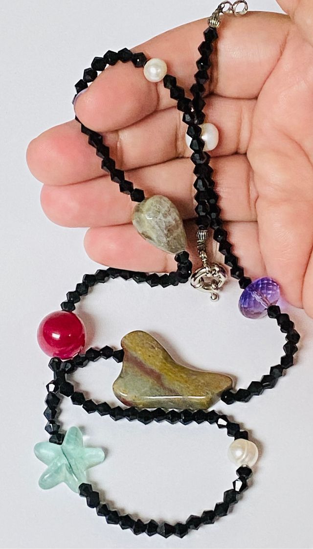 Collar espinelas negras y gemas y plata de ley 925