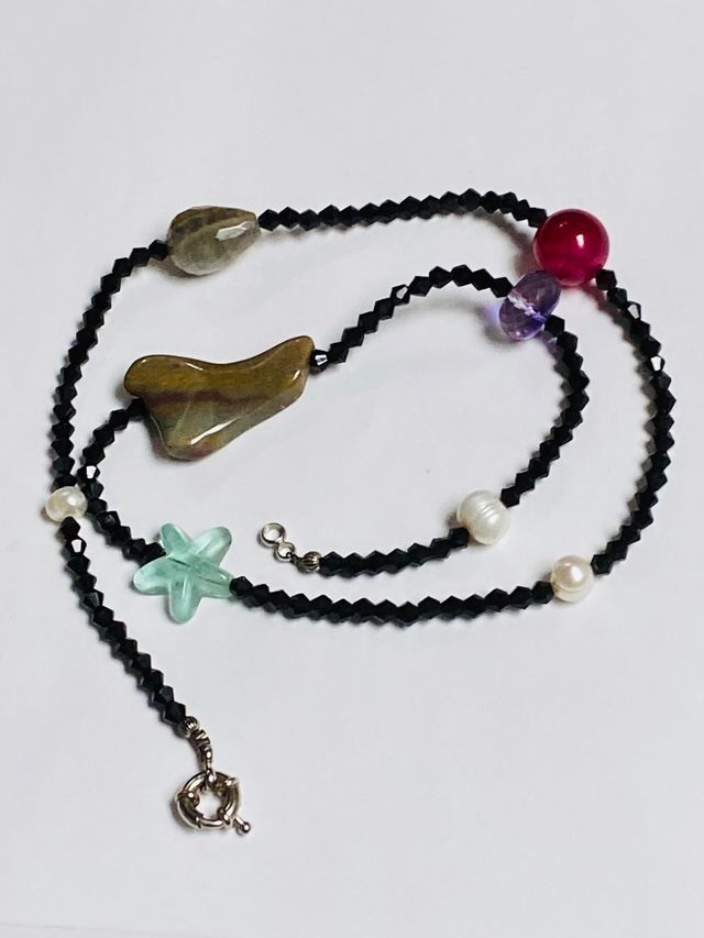 Collar espinelas negras y gemas y plata de ley 925