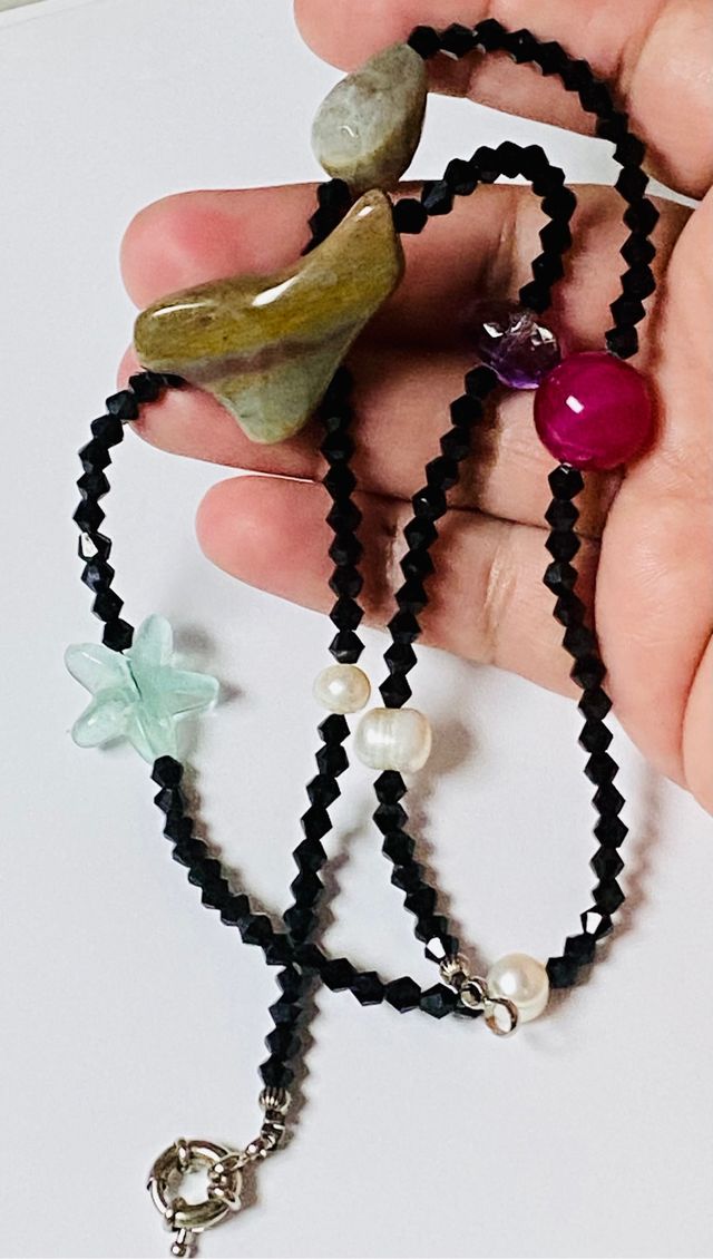 Collar espinelas negras y gemas y plata de ley 925