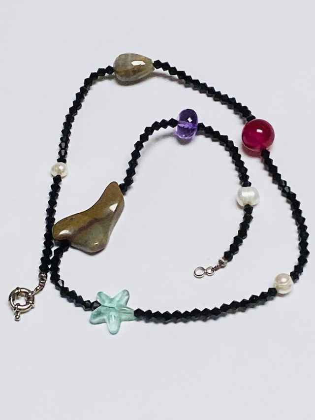 Collar espinelas negras y gemas y plata de ley 925