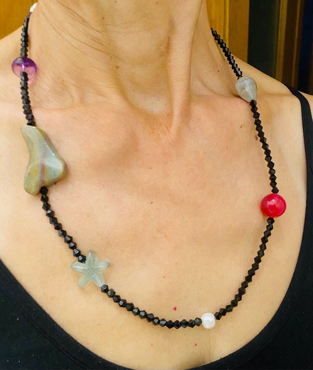 Collar espinelas negras y gemas y plata de ley 925