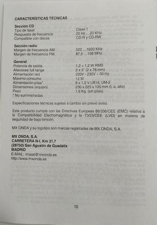 Reproductor CD con radio Mx Onda
