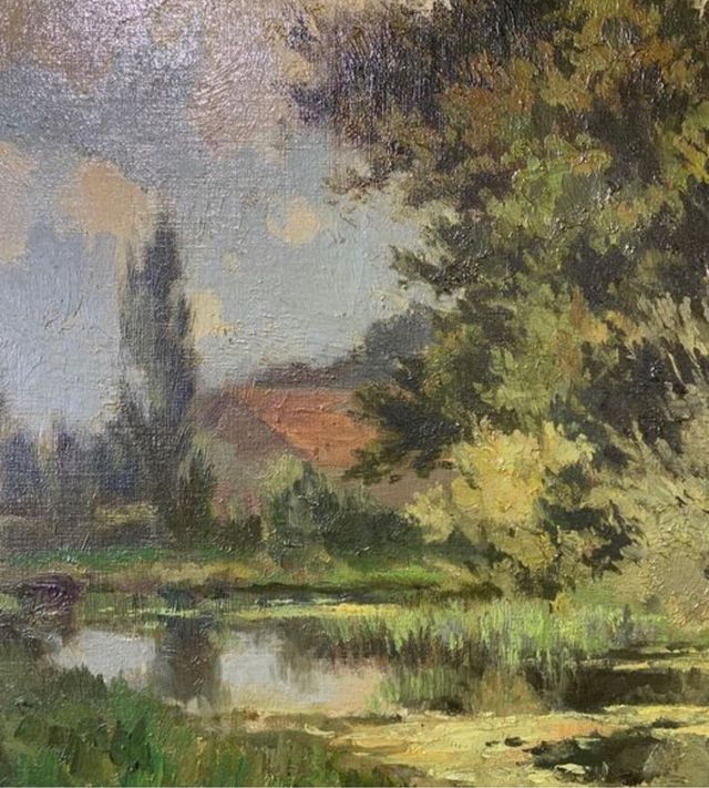 Paisaje con laguna. Oleo de Dorus Arts
