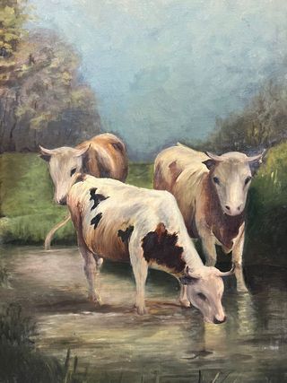 Pareja de óleos escuela Catalana Marina y vacas