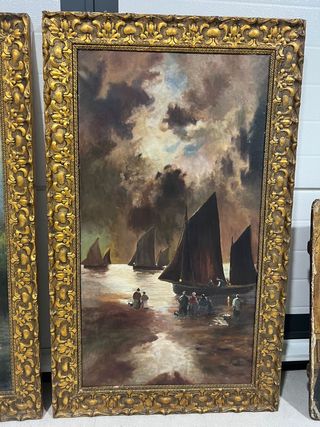 Pareja de óleos escuela Catalana Marina y vacas