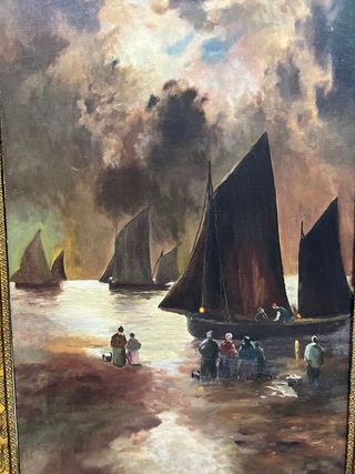 Pareja de óleos escuela Catalana Marina y vacas