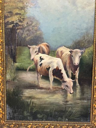 Pareja de óleos escuela Catalana Marina y vacas