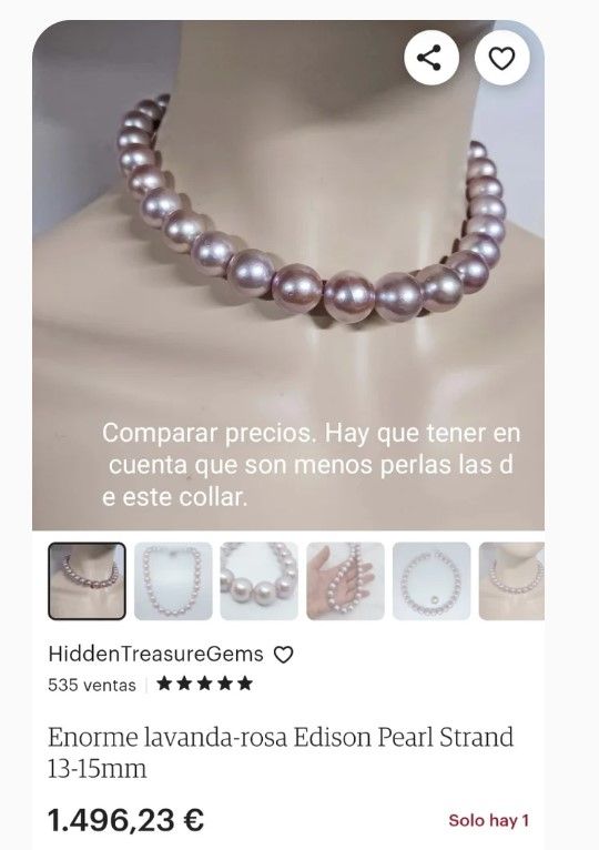 Collar Perlas Edison. 65 perlas, broche plata 925
