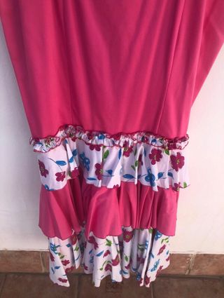 Traje de Flamenca de Flores Blanco y Rosa