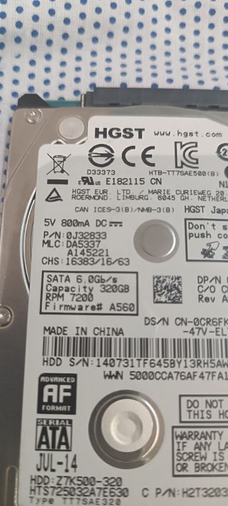 Disco duro hdd sata 6 320 gigas rpm 7200