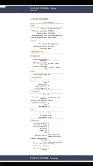 ⭐VENDO TV GRANDE SAMSUNG37" MODELO UE37C6000 RWXXC