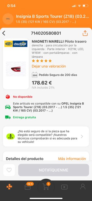 Piloto trasero Izquierdo Opel Insignia  