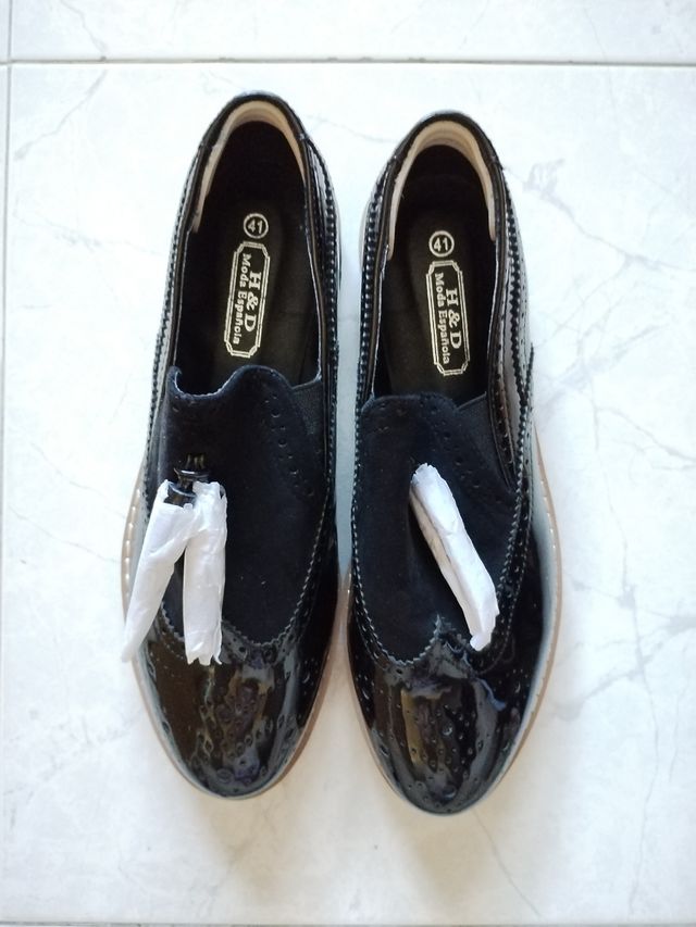 Mocasines mujer negros charol con plaforma