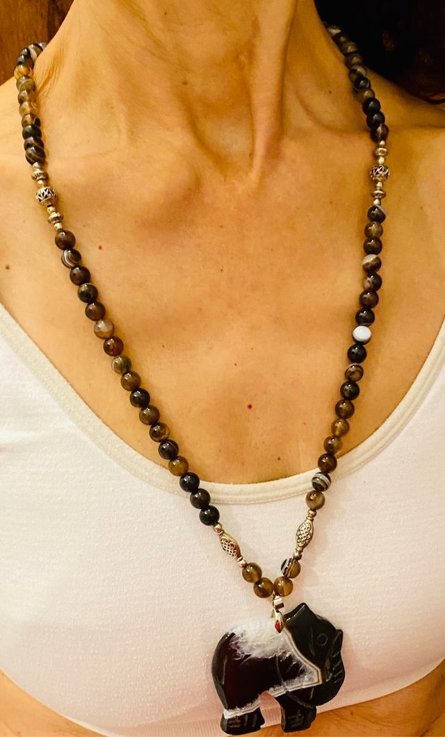 Collar muy largo de ágata ónice y plata de ley 925