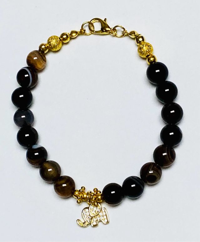 Pulsera Agata Onix y elefante oro Goldfilled 18 kt