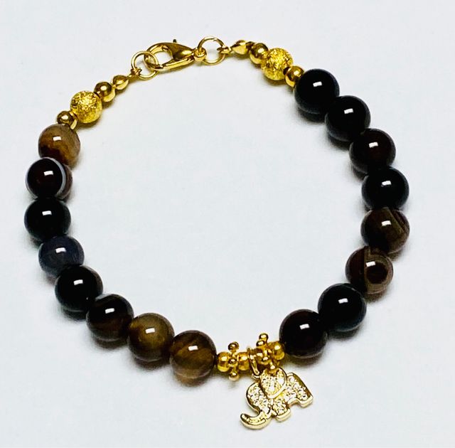 Pulsera Agata Onix y elefante oro Goldfilled 18 kt